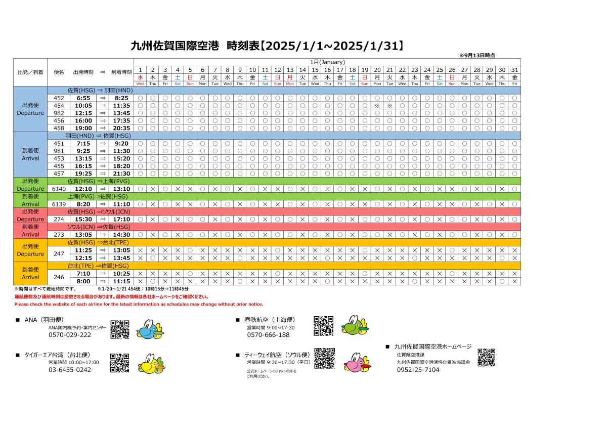 運航カレンダー（1月）