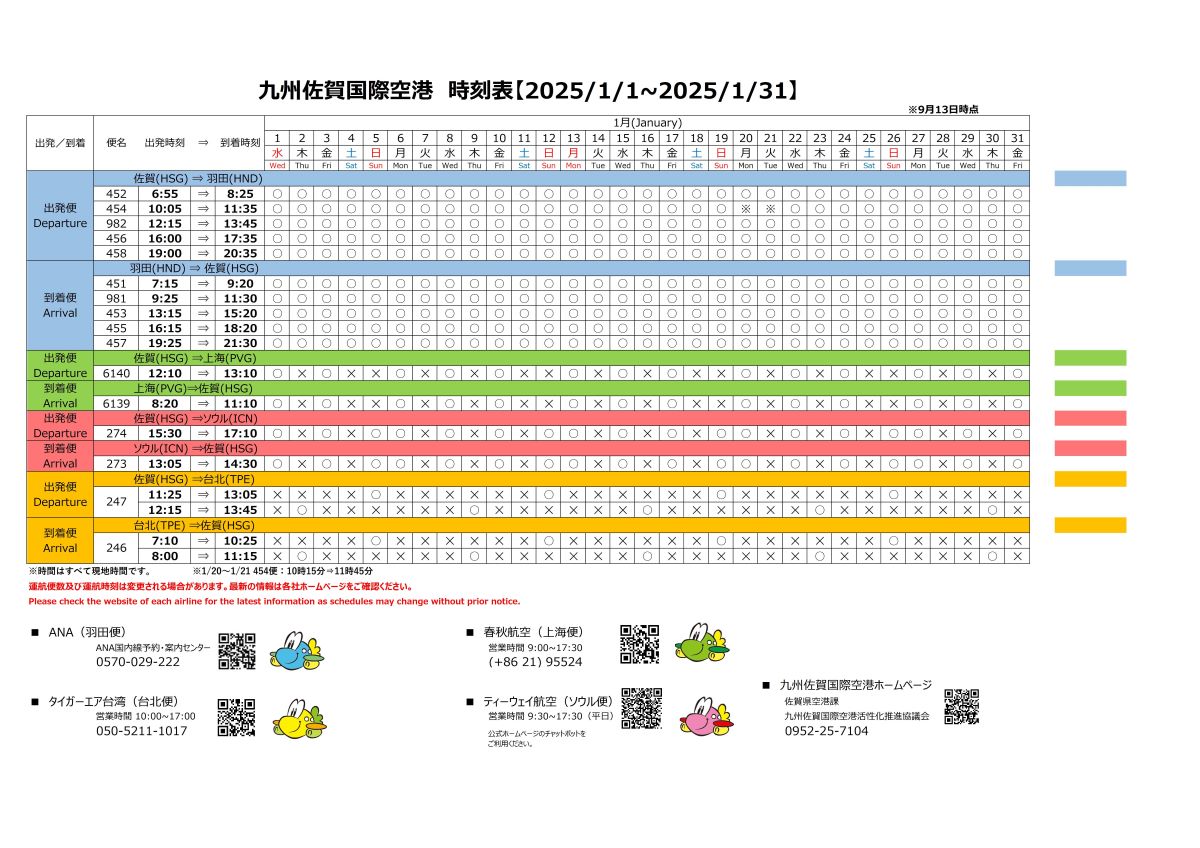 運航カレンダー（1月）