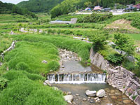 棚田の中央を流れる大串川の写真